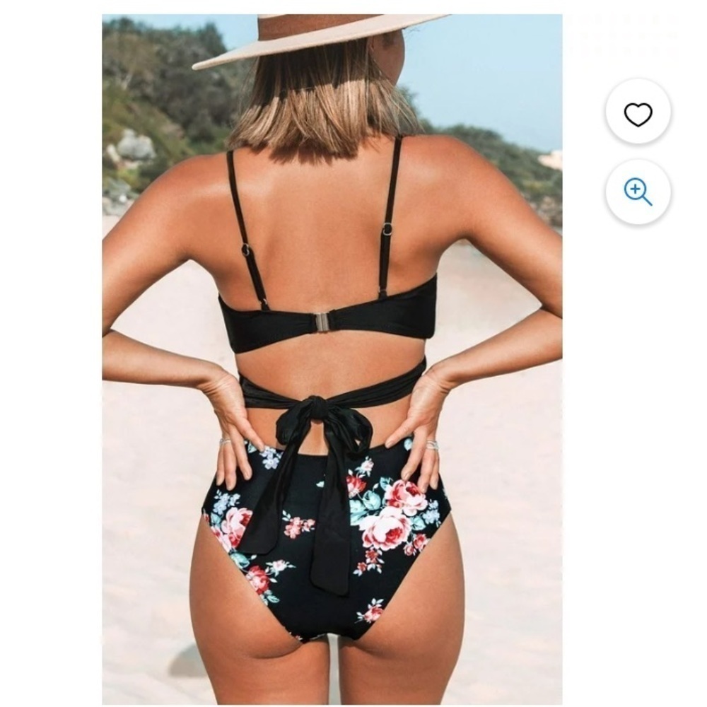 Cupshe Women's Black Floral Print Cutout One Piece Swimsuit Wrap Push Up